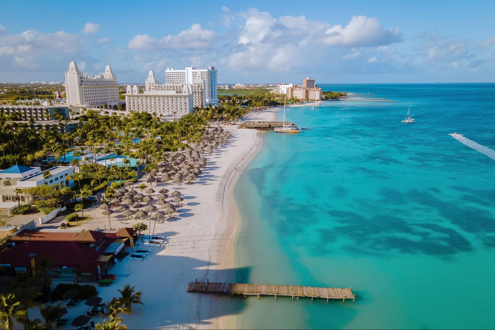 An aerial image of Palm Beach, Aruba, featuring a long white sandy beach and palm trees.