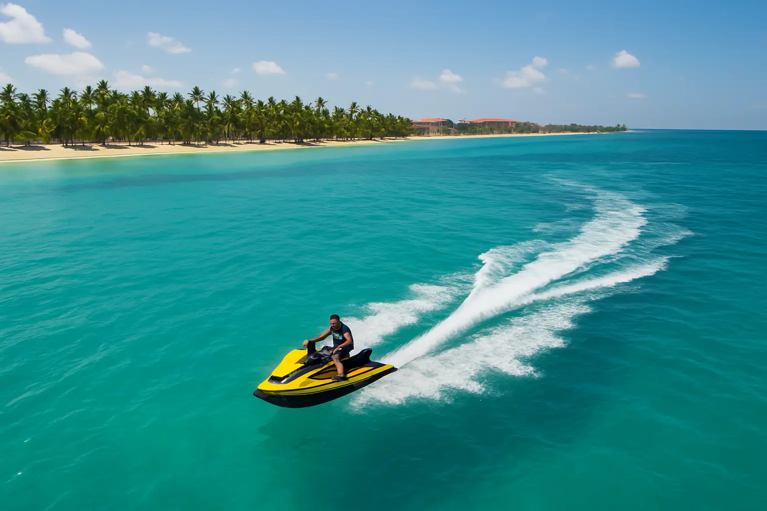 A drone’s POV capturing a jet ski slicing through turquoise waves in Aruba, with palm-fringed beaches in the background, bright sunlight.