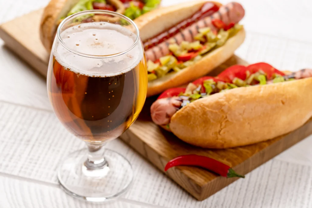 beer, hot dogs