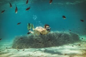 Woman snorkeling in the ocean next to fish.